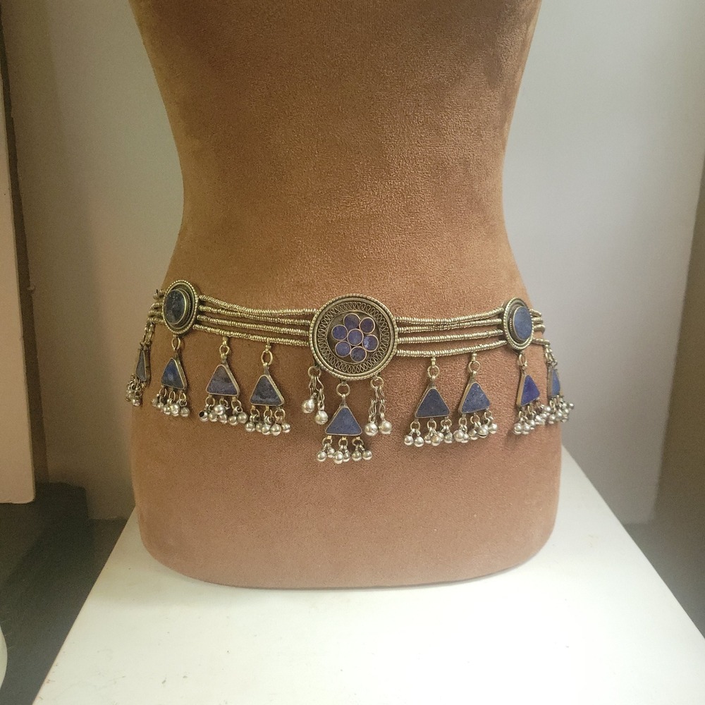 Vintage Tribal Silver Lapis Lazuli Tassel Belly Dance Belt Adjustable Goblincore